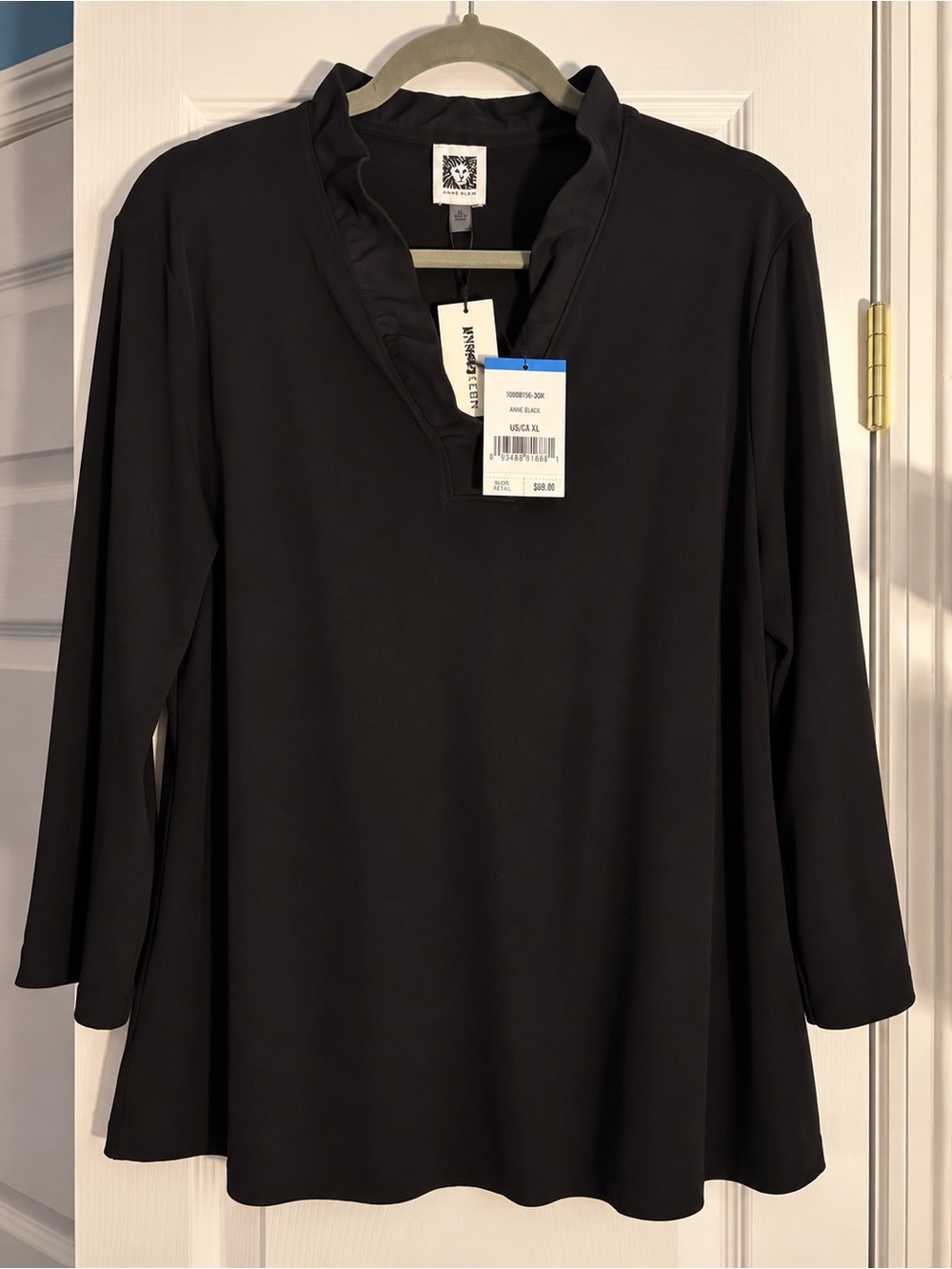 Anne Klein Black Ruffle Y-Neck Tunic Blouse NWT XL